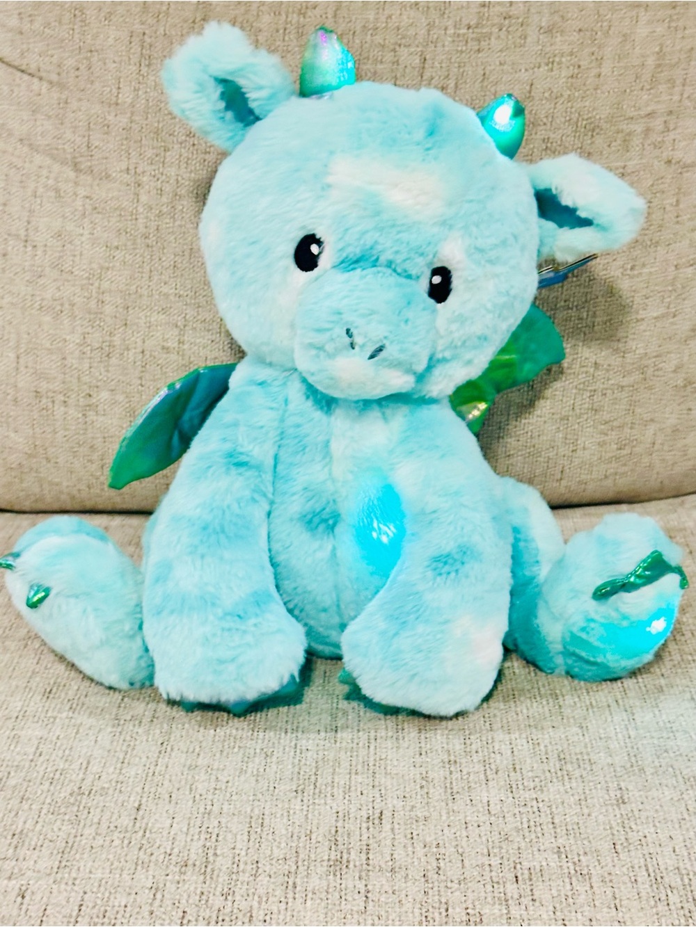 FAO Schwarz Glow Bright Teal Blue Dragon Stuffed Animal With Sound & LED Lights